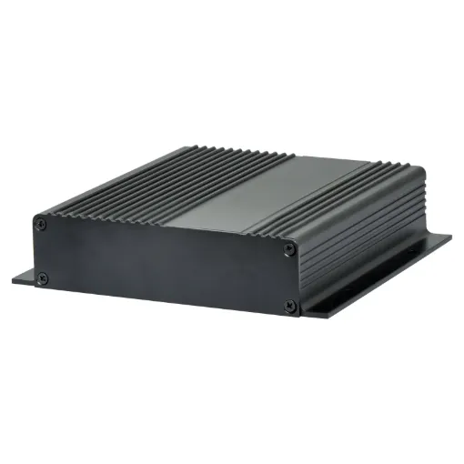 Extruded single piece aluminium cases. Flat aluminium end plates can be milled, screened and customised to suit your requirements. Finned extrusion adds thermal dissipation for heat sinked applications.