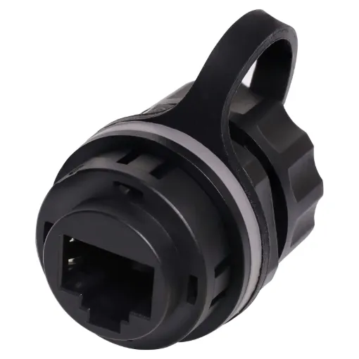 This waterproof IP68 rated 8P8C RJ45 panel mount connector provides secure wateproof data connections for equipment it is built into.