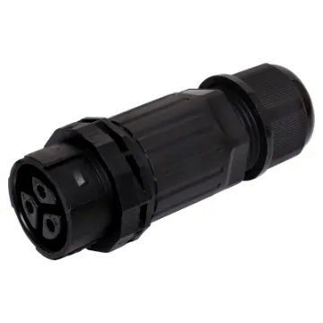 This waterproof IP68 3 pin connector features a screwless termination and locking connection to mating connectors (see P8650 for male line or P8652 for male chassis versions).