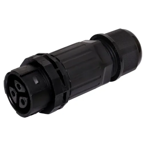 This waterproof IP68 3 pin connector features a screwless termination and locking connection to mating connectors (see P8650 for male line or P8652 for male chassis versions).