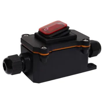 An IP65 rated weatherproof alternate rocker switch fitted to an inline enclosure with weatherproof cable glands.