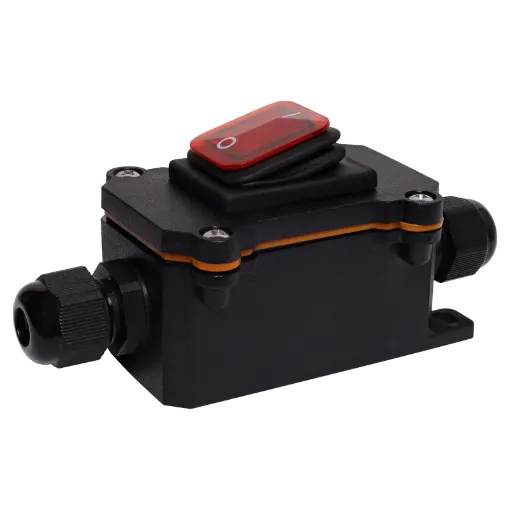 An IP65 rated weatherproof alternate rocker switch fitted to an inline enclosure with weatherproof cable glands.