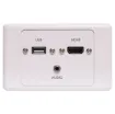 Wallplate fitted with 3.5mm Audio Jack, USB Type A & HDMI connections. 150mm fly leads on rear.