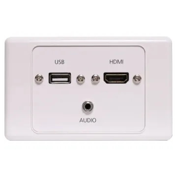 Wallplate fitted with 3.5mm Audio Jack, USB Type A & HDMI connections. 150mm fly leads on rear.
