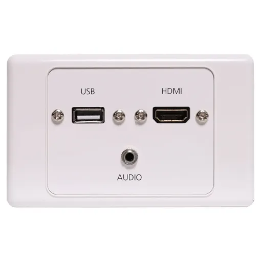 Wallplate fitted with 3.5mm Audio Jack, USB Type A & HDMI connections. 150mm fly leads on rear.