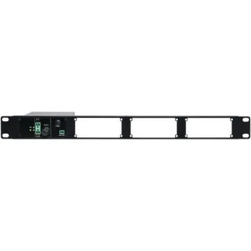 A rack mount bracket designed to accommodate four independent Merlaud zone decoders (A4872) in a 1RU space.