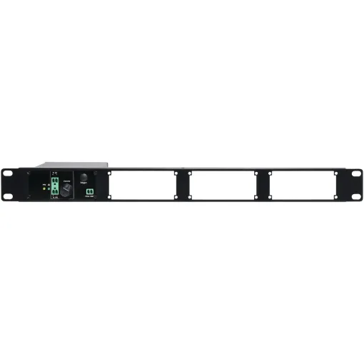 A rack mount bracket designed to accommodate four independent Merlaud zone decoders (A4872) in a 1RU space.