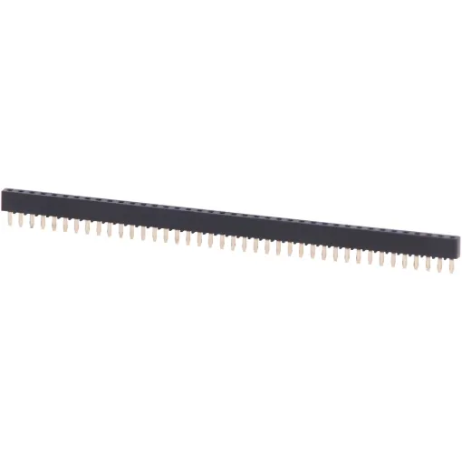 40 way single row header socket for connection to secondary boards with male headers. 0.1" inch (2.54mm) pitch spacing. Gold Plated Contacts. 5mm plastic surround height.