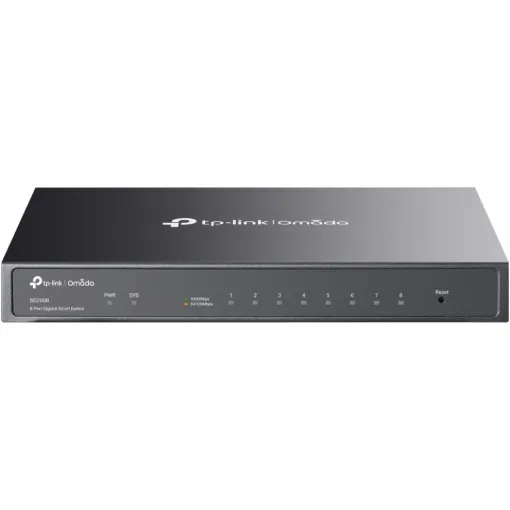 The TP-Link Omada SG2008 is an 8-Port Gigabit Smart Switch designed for small to medium-sized business networks. With eight Gigabit RJ45 ports, including one Power Device (PD) port, it delivers fast, stable wired connections for a variety of devices.