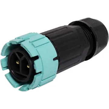 This waterproof IP68 2 pin connector features a screwless termination and locking connection to mating connectors (see P8661 for female line plug and P8662 for female chassis socket).