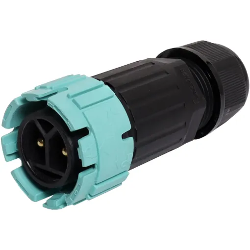 This waterproof IP68 2 pin connector features a screwless termination and locking connection to mating connectors (see P8661 for female line plug and P8662 for female chassis socket).