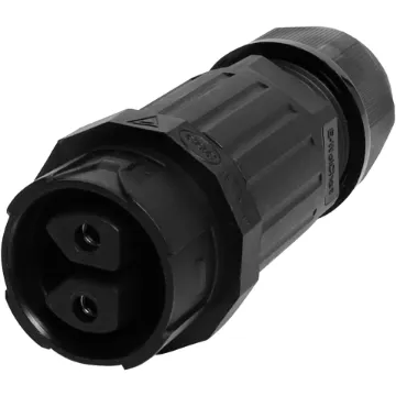 This waterproof IP68 2 pin connector features a screwless termination and locking connection to mating connectors (see P8660 for male line plug).