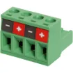 A 4 way terminal pre-printed with positive and negative markings for use with 100V line speakers. Screw terminal plugs with rising clamp type terminals.