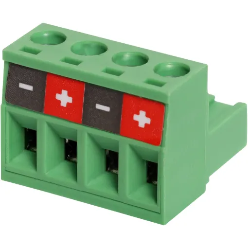 A 4 way terminal pre-printed with positive and negative markings for use with 100V line speakers. Screw terminal plugs with rising clamp type terminals.