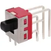 A DPDT slide switch with 90 degree pins for PCB mounting. Vertical action.