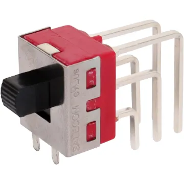 A DPDT slide switch with 90 degree pins for PCB mounting. Vertical action.