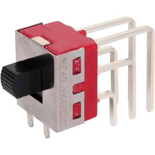 A DPDT slide switch with 90 degree pins for PCB mounting. Vertical action.