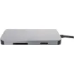 A compact hub providing connection for an external monitor via HDMI up to 4K @ 60Hz. Connects to USB type C devices and provides connection for external peripherals via 3 x USB 3.0 ports, SD card slot, Micro SD card slot, gigabit wired ethernet port and external monitor connection via HDMI.