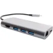 A compact hub providing connection for an external monitor via HDMI up to 4K @ 60Hz. Connects to USB type C devices and provides connection for external peripherals via 3 x USB 3.0 ports, SD card slot, Micro SD card slot, gigabit wired ethernet port and external monitor connection via HDMI.