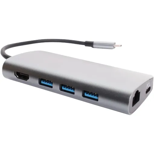 A compact hub providing connection for an external monitor via HDMI up to 4K @ 60Hz. Connects to USB type C devices and provides connection for external peripherals via 3 x USB 3.0 ports, SD card slot, Micro SD card slot, gigabit wired ethernet port and external monitor connection via HDMI.