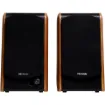 This bookshelf speaker system delivers clear stereo sound from quality tweeter and woofer drivers, housed in wooden cabinets for rich acoustics.