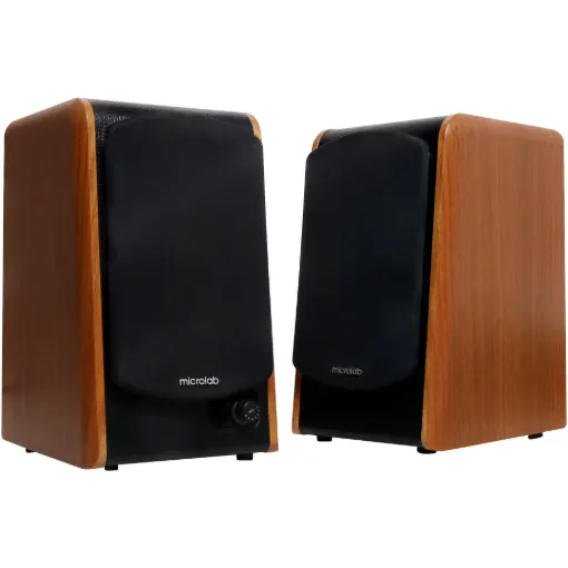 This bookshelf speaker system delivers clear stereo sound from quality tweeter and woofer drivers, housed in wooden cabinets for rich acoustics.