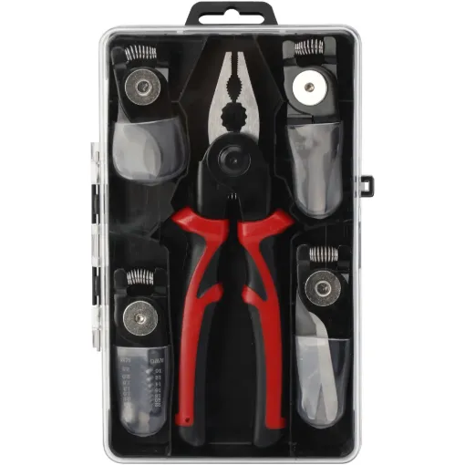 Your all-in-one DIY sidekick—five tools in one with quick-swap heads, perfect for cutting, crimping, stripping, and more, all in a portable case.