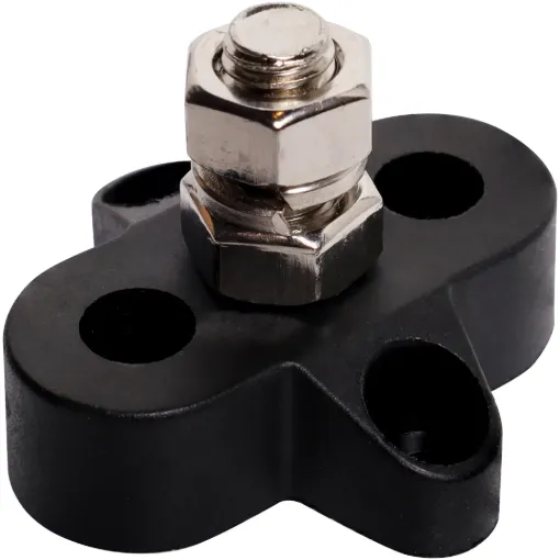 This Single Black M8 Power Distribution Post is a heavy duty stainless steel post that is mounted on a moulded plastic base. 48V DC max.