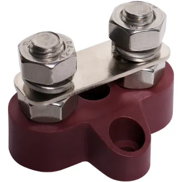 This Dual Red M8 Power Distribution Post with Bridge Plate is a heavy duty stainless steel post that is mounted on a moulded plastic base. 48V DC max.