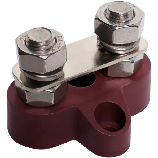 This Dual Red M8 Power Distribution Post with Bridge Plate is a heavy duty stainless steel post that is mounted on a moulded plastic base. 48V DC max.