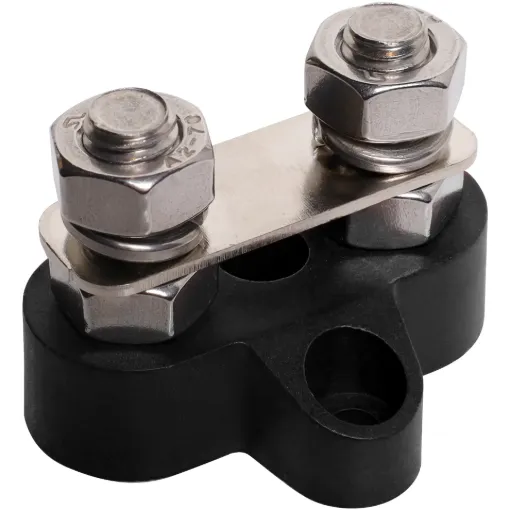 This Dual Black M8 Power Distribution Post with Bridge Plate is a heavy duty stainless steel post that is mounted on a moulded plastic base. 48V DC max.
