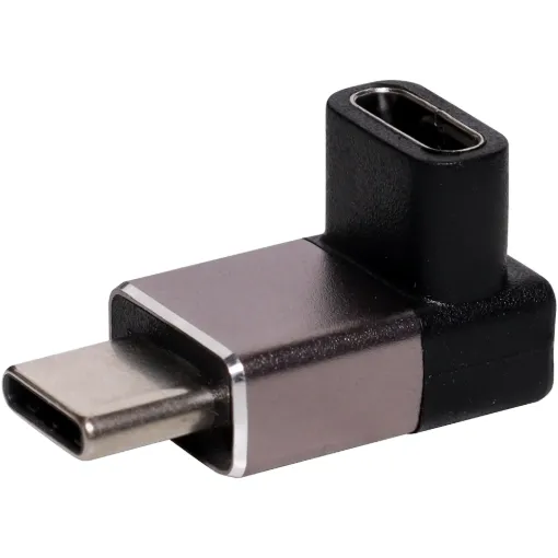 This Type C female to Type C male right angle USB adaptor can be used to join USB C connections.