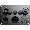 Switch all your gear on and off with this handy power control plate for cars, caravans and 4WDs. Includes; 5 x Rocker switches with blue LEDs, 1 x 12V Car Accessory socket, 1 x 5V USB Type-A Port and 1 x 5V USB Type-C Port. Customise with the  included switch stickers.
