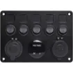 Switch all your gear on and off with this handy power control plate for cars, caravans and 4WDs. Includes; 5 x Rocker switches with blue LEDs, 1 x 12V Car Accessory socket, 1 x 5V USB Type-A Port and 1 x 5V USB Type-C Port. Customise with the  included switch stickers.