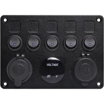 Switch all your gear on and off with this handy power control plate for cars, caravans and 4WDs. Includes; 5 x Rocker switches with blue LEDs, 1 x 12V Car Accessory socket, 1 x 5V USB Type-A Port and 1 x 5V USB Type-C Port. Customise with the  included switch stickers.