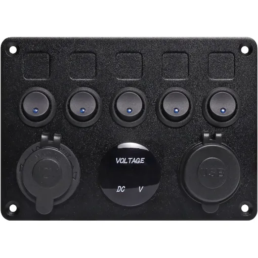 Switch all your gear on and off with this handy power control plate for cars, caravans and 4WDs. Includes; 5 x Rocker switches with blue LEDs, 1 x 12V Car Accessory socket, 1 x 5V USB Type-A Port and 1 x 5V USB Type-C Port. Customise with the  included switch stickers.