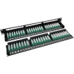 This 1RU panel is fitted with 48 RJ45 "back to back" coupler ports for tool free cable termination. Port numbers fields can be written on and fitted securely behind a clear lexan. Black finish. Includes rear cable support bar with earthing strap.