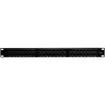 This 1RU panel is fitted with 48 RJ45 "back to back" coupler ports for tool free cable termination. Port numbers fields can be written on and fitted securely behind a clear lexan. Black finish. Includes rear cable support bar with earthing strap.