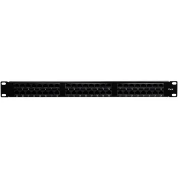This 1RU panel is fitted with 48 RJ45 "back to back" coupler ports for tool free cable termination. Port numbers fields can be written on and fitted securely behind a clear lexan. Black finish. Includes rear cable support bar with earthing strap.