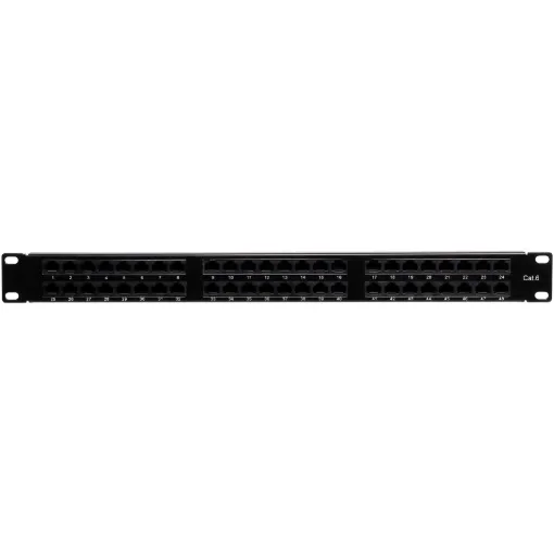This 1RU panel is fitted with 48 RJ45 "back to back" coupler ports for tool free cable termination. Port numbers fields can be written on and fitted securely behind a clear lexan. Black finish. Includes rear cable support bar with earthing strap.