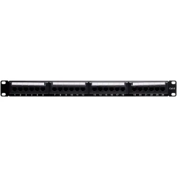 This 1RU panel is fitted with 24 RJ45 Keystone jack ports and features numbered outlets for easy identification. Black finish. Includes rear cable support bar.