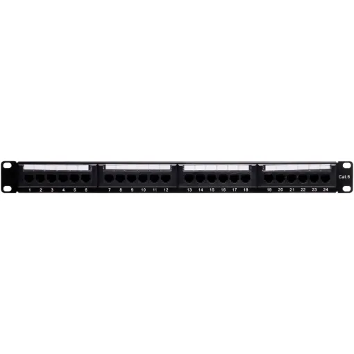 This 1RU panel is fitted with 24 RJ45 Keystone jack ports and features numbered outlets for easy identification. Black finish. Includes rear cable support bar.