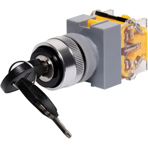 A secure heavy duty key-operated switch for industrial control. Features 1NO1NC contacts to safely manage two circuits at once.