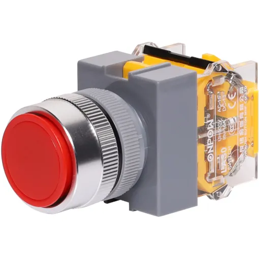 Heavy Duty Red 22mm Momentary Push Button Switch activates only while pressed and returns to its original position when released.