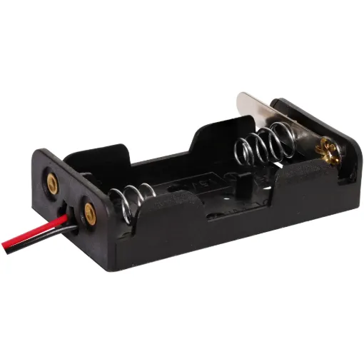 Dual AA Plastic battery holder with fly leads and on/off lever.