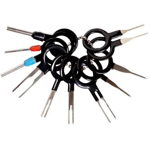 11 piece wire terminal pin removal tool set to safely extract electrical terminals from connector housings.