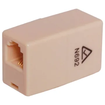 Modular female to female adaptor. 6 way 6 wire. Joins 2 telephone or computer network cables together.