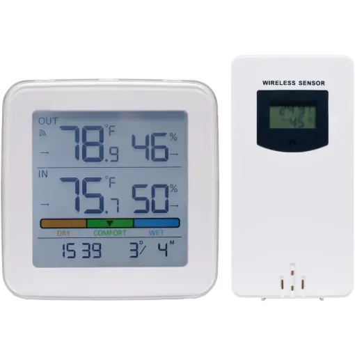 Monitor indoor and outdoor temperatures with this self standing desk monitor (can also be wall mounted).  The easy to read screen lights up at a touch providing a quick snapshot of conditions including temperature, humidity and comfort levels.