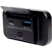 A compact panel mount charging socket providing 18W USB type C power delivery charging and QC3.0 USB type A charging.