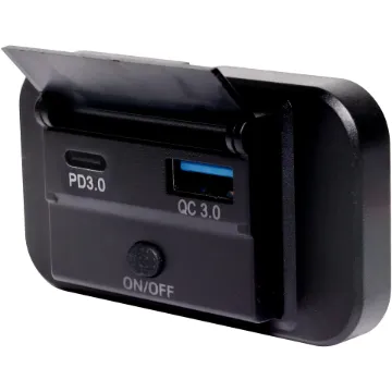 A compact panel mount charging socket providing 18W USB type C power delivery charging and QC3.0 USB type A charging.